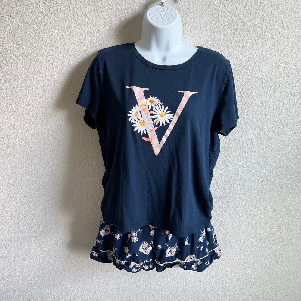 Victoria's Secret 2 Piece Floral Pajama Set Women's Small Navy Blue Shorts Shirt